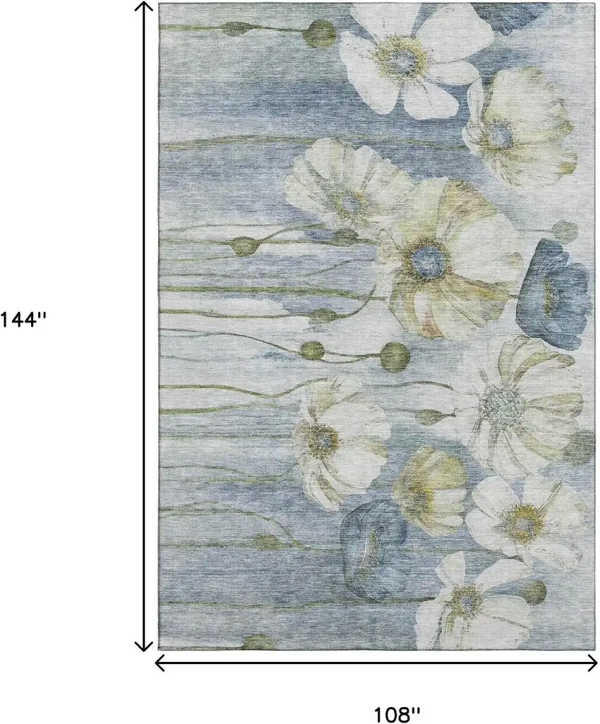 Blue Ivory And Gold Floral Washable Area Rug With UV Protection Photo 3