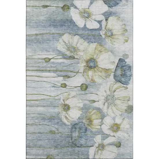 Blue Ivory And Gold Floral Washable Area Rug With UV Protection Photo 2
