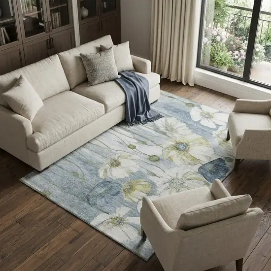 Blue Ivory And Gold Floral Washable Area Rug With UV Protection Photo 1