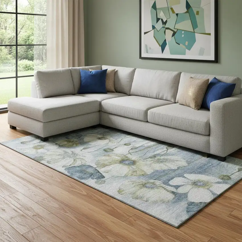 Blue Ivory And Gold Floral Washable Area Rug With UV Protection Photo 1