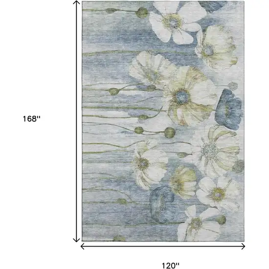 Blue Ivory And Gold Floral Washable Area Rug With UV Protection Photo 3