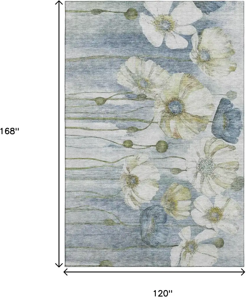 Blue Ivory And Gold Floral Washable Area Rug With UV Protection Photo 3