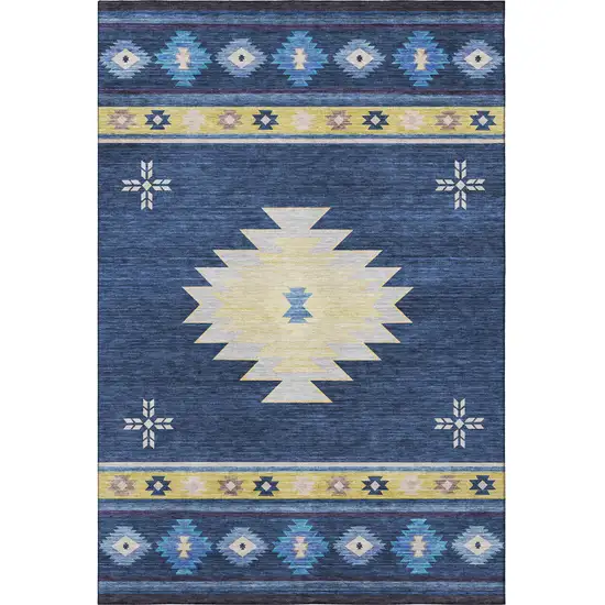 Blue Ivory And Gold Geometric Washable Area Rug With UV Protection Photo 4