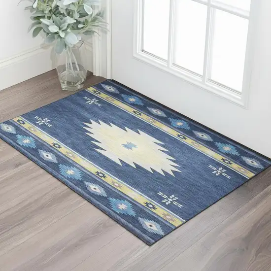 Blue Ivory And Gold Geometric Washable Area Rug With UV Protection Photo 2