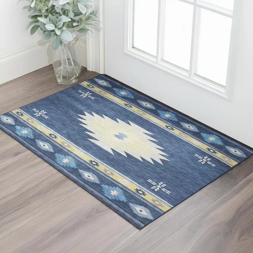 Blue Ivory And Gold Geometric Washable Area Rug With UV Protection Photo 2