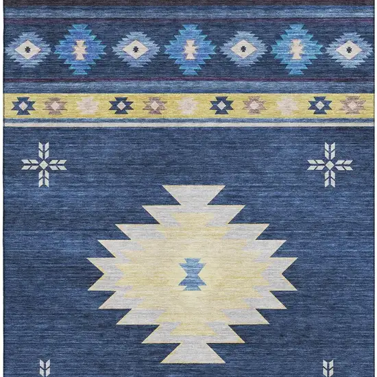 Blue Ivory And Gold Geometric Washable Area Rug With UV Protection Photo 3