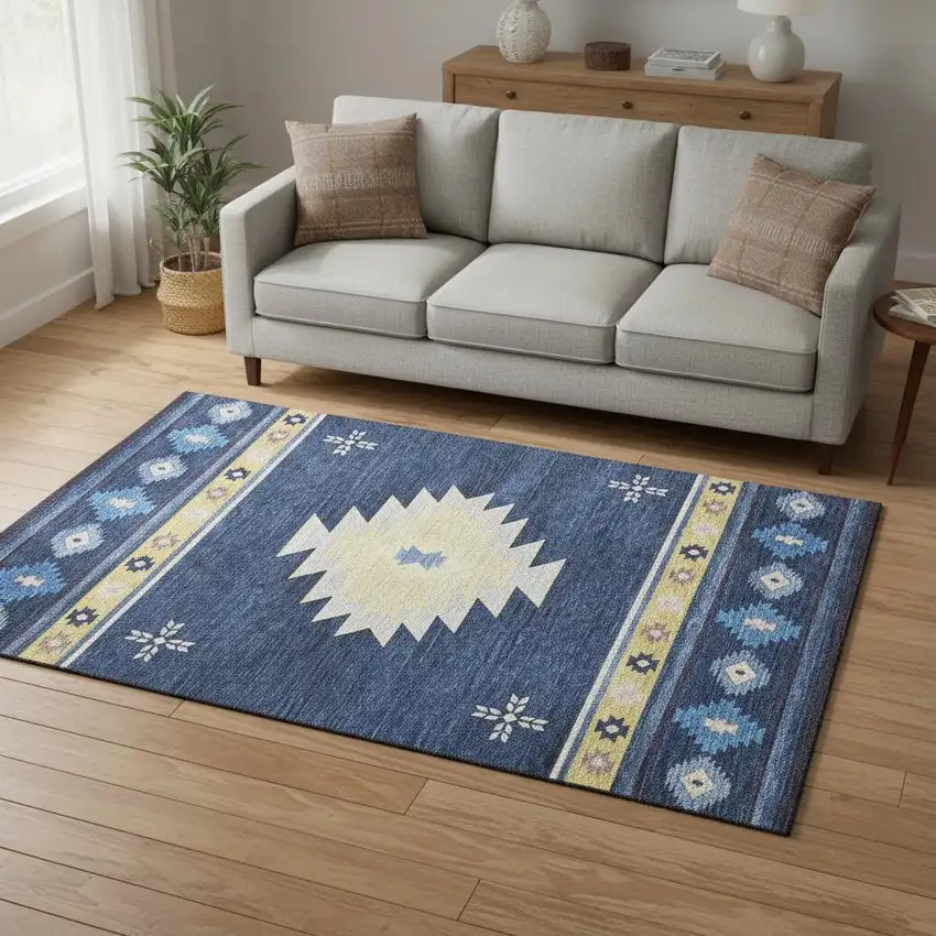Blue Ivory And Gold Geometric Washable Area Rug With UV Protection Photo 1
