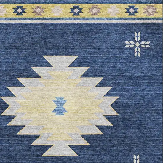 Blue Ivory And Gold Geometric Washable Area Rug With UV Protection Photo 4