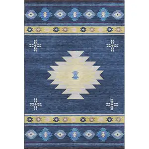 Photo of Blue Ivory And Gold Geometric Washable Area Rug With UV Protection