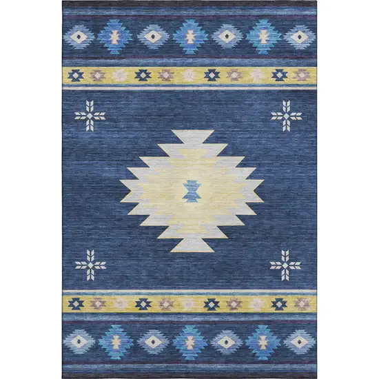 Blue Ivory And Gold Geometric Washable Area Rug With UV Protection Photo 2