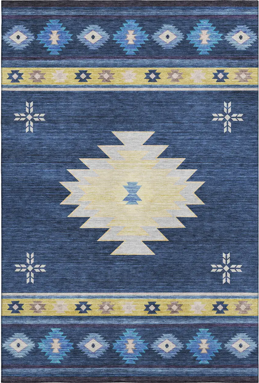 Blue Ivory And Gold Geometric Washable Area Rug With UV Protection Photo 2