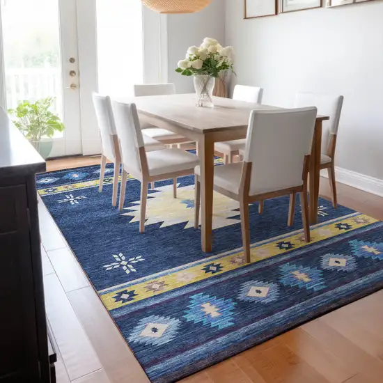Blue Ivory And Gold Geometric Washable Area Rug With UV Protection Photo 7