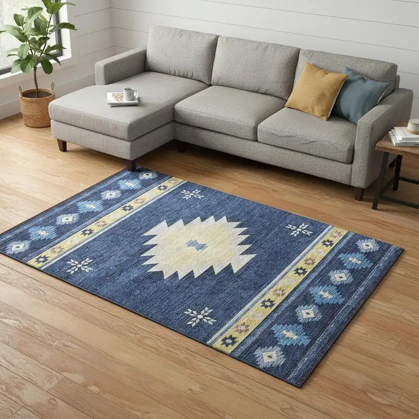 Blue Ivory And Gold Geometric Washable Area Rug With UV Protection Photo 1