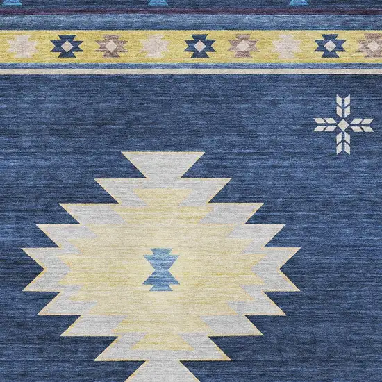 Blue Ivory And Gold Geometric Washable Area Rug With UV Protection Photo 4