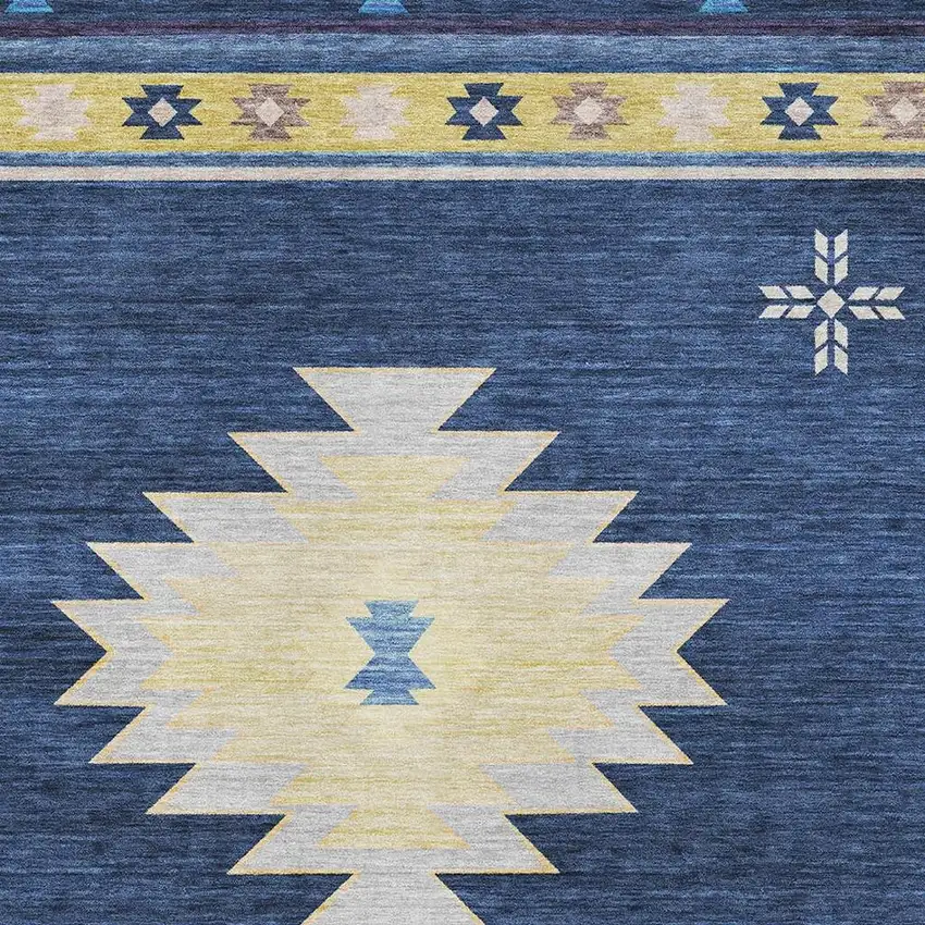 Blue Ivory And Gold Geometric Washable Area Rug With UV Protection Photo 4
