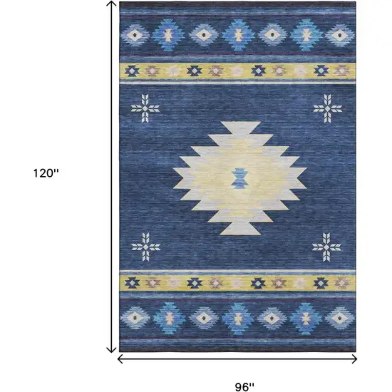 Blue Ivory And Gold Geometric Washable Area Rug With UV Protection Photo 3