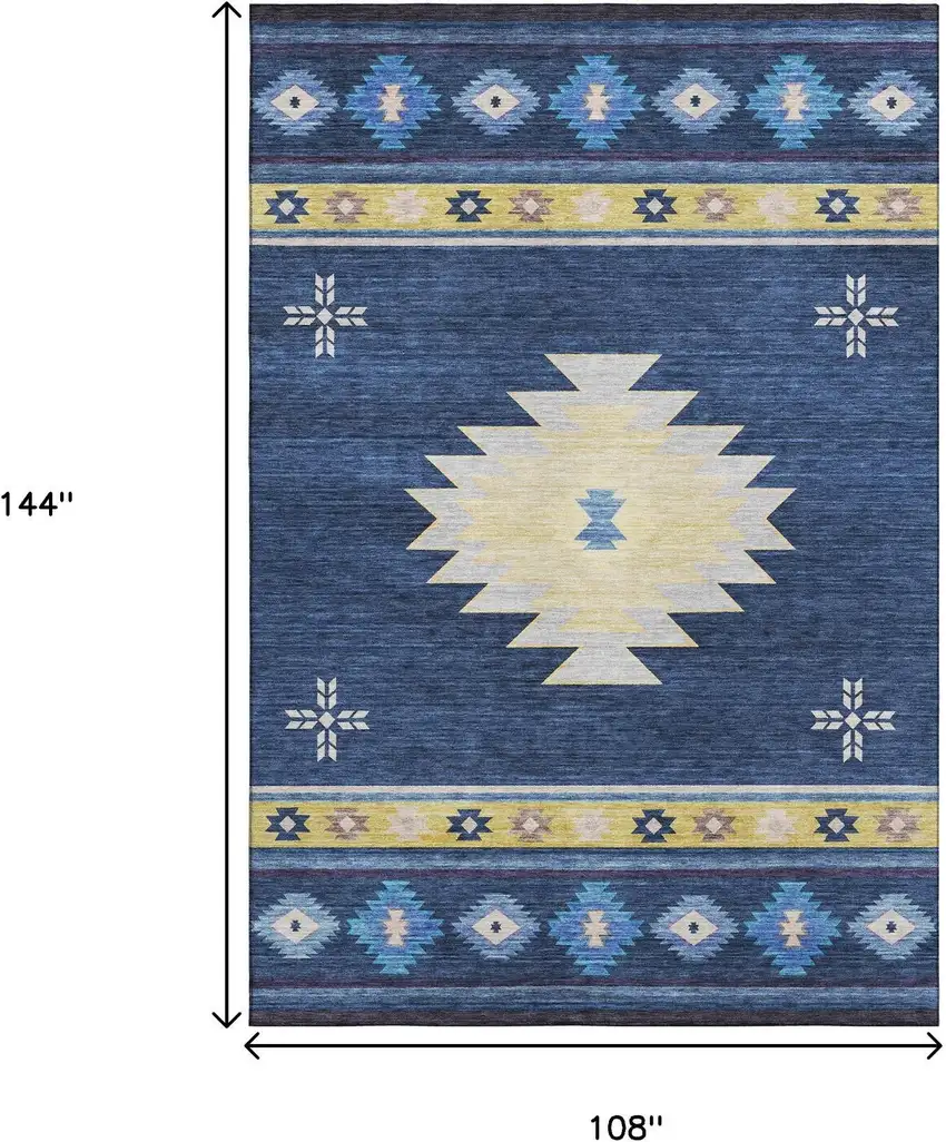 Blue Ivory And Gold Geometric Washable Area Rug With UV Protection Photo 3