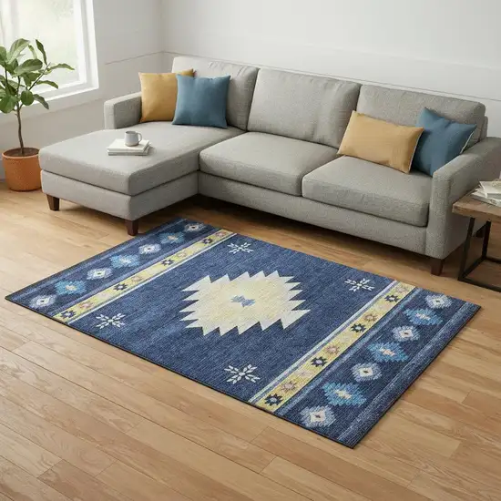 Blue Ivory And Gold Geometric Washable Area Rug With UV Protection Photo 1