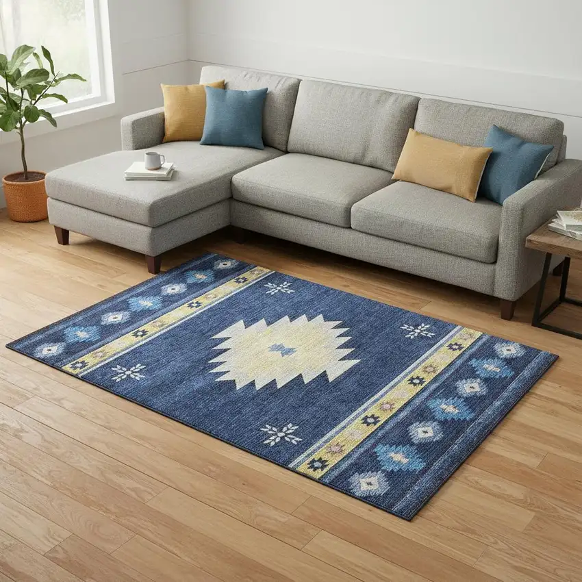 Blue Ivory And Gold Geometric Washable Area Rug With UV Protection Photo 1