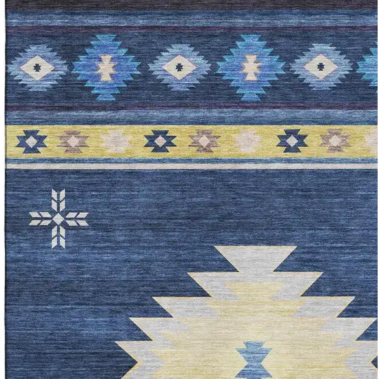 Blue Ivory And Gold Geometric Washable Area Rug With UV Protection Photo 4