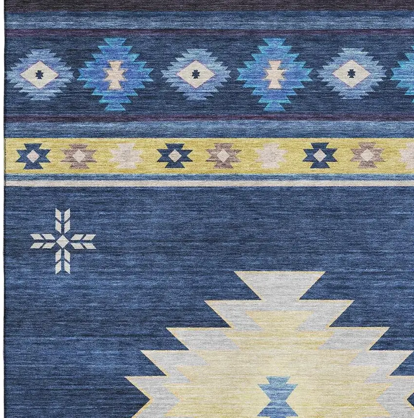 Blue Ivory And Gold Geometric Washable Area Rug With UV Protection Photo 4
