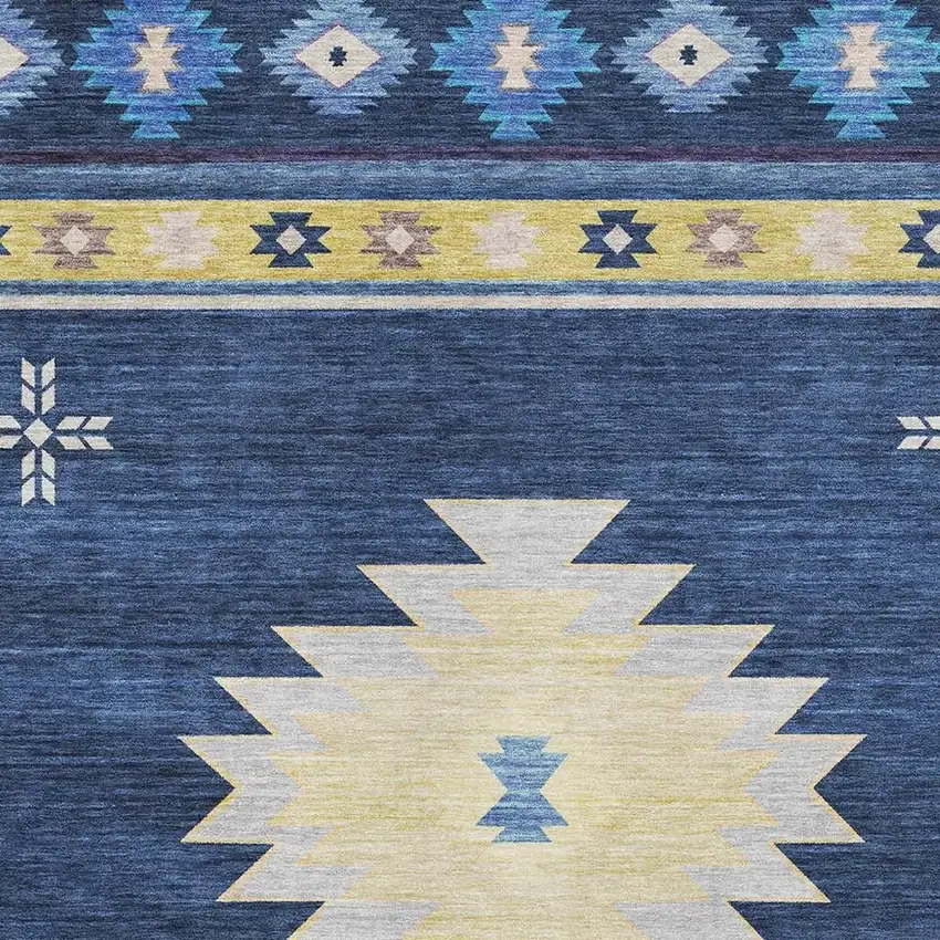 Blue Ivory And Gold Geometric Washable Area Rug With UV Protection Photo 4