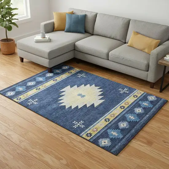Blue Ivory And Gold Geometric Washable Area Rug With UV Protection Photo 1