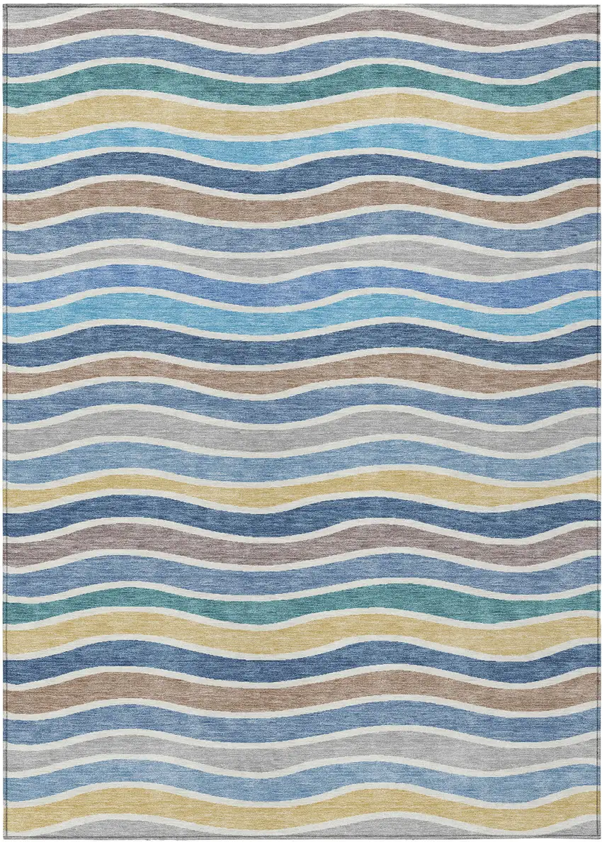 Blue Ivory And Gold Striped Washable Indoor Outdoor Area Rug Photo 2