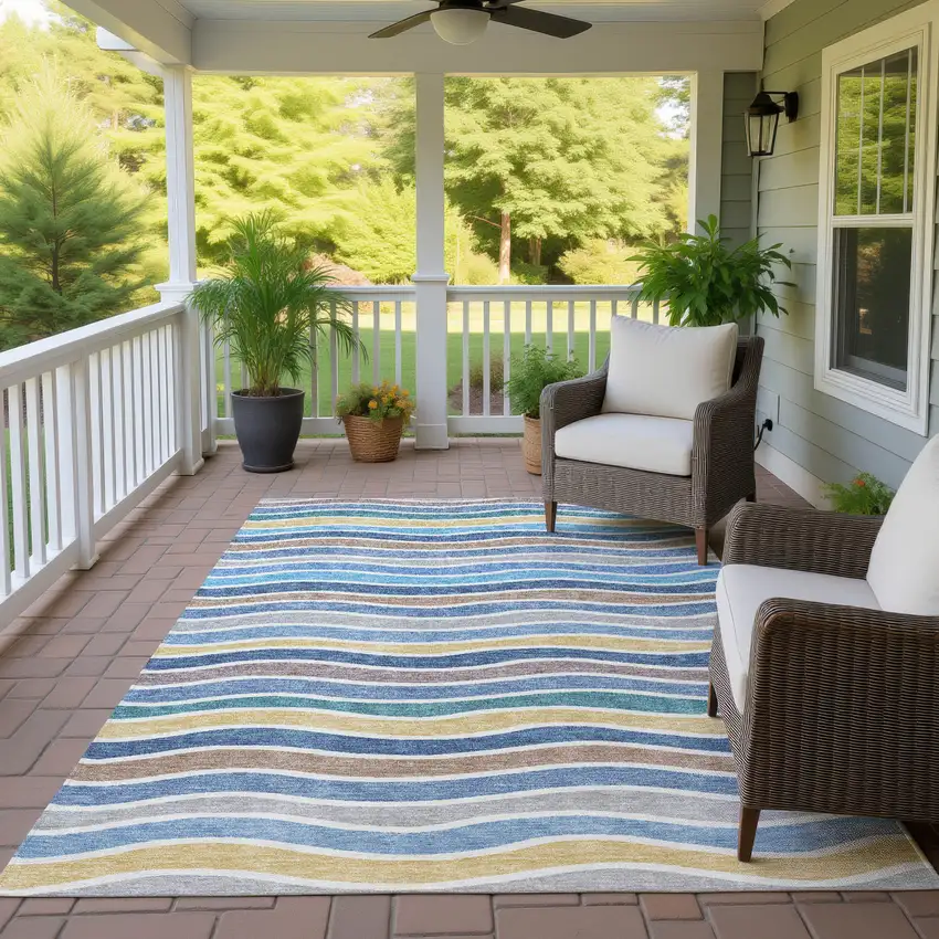 Blue Ivory And Gold Striped Washable Indoor Outdoor Area Rug Photo 9
