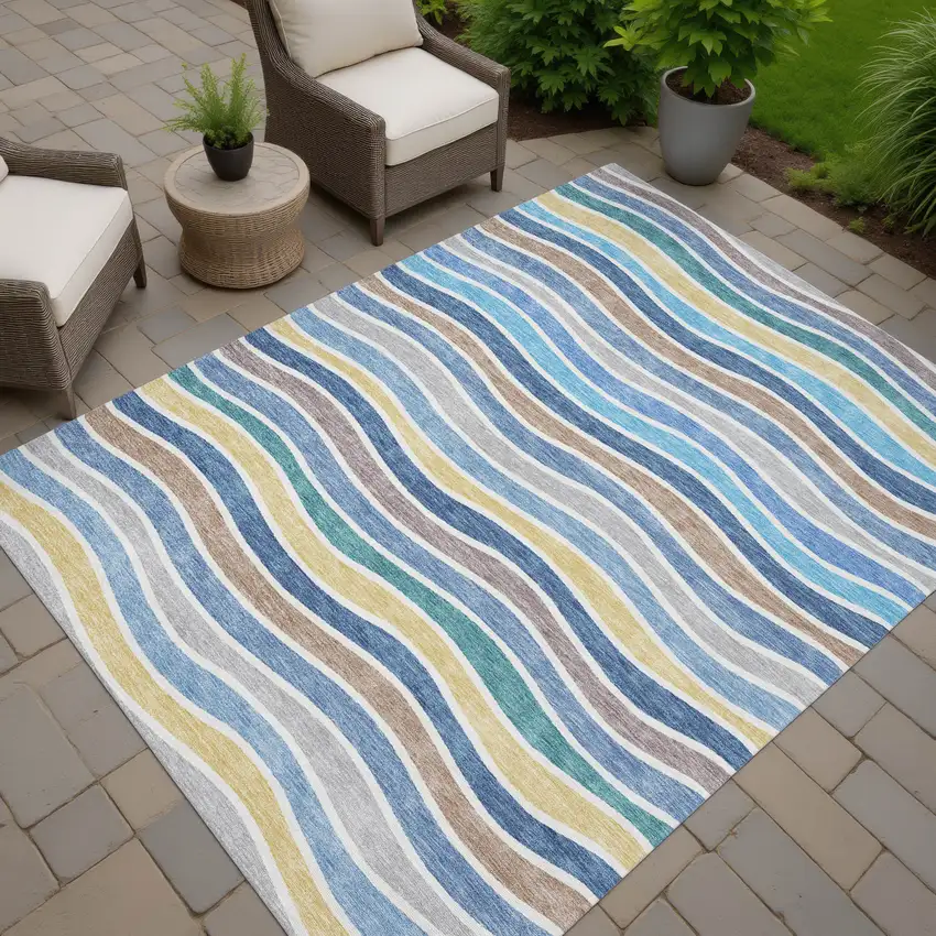 Blue Ivory And Gold Striped Washable Indoor Outdoor Area Rug Photo 7