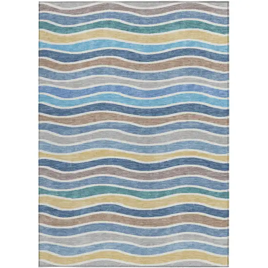 Blue Ivory And Gold Striped Washable Indoor Outdoor Area Rug Photo 4