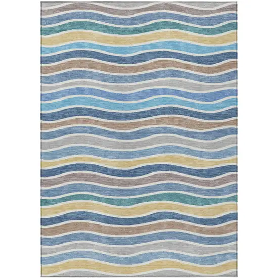 Blue Ivory And Gold Striped Washable Indoor Outdoor Area Rug Photo 2