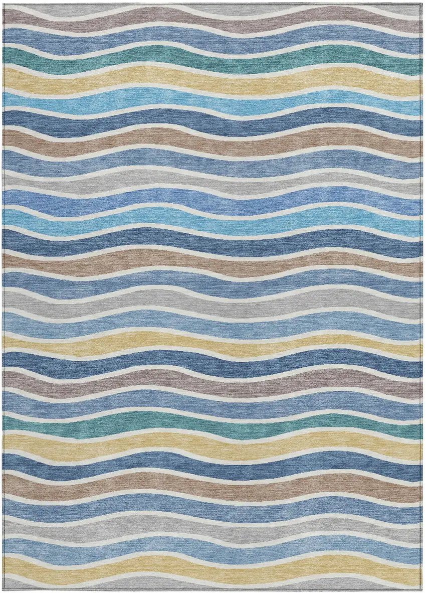 Blue Ivory And Gold Striped Washable Indoor Outdoor Area Rug Photo 4