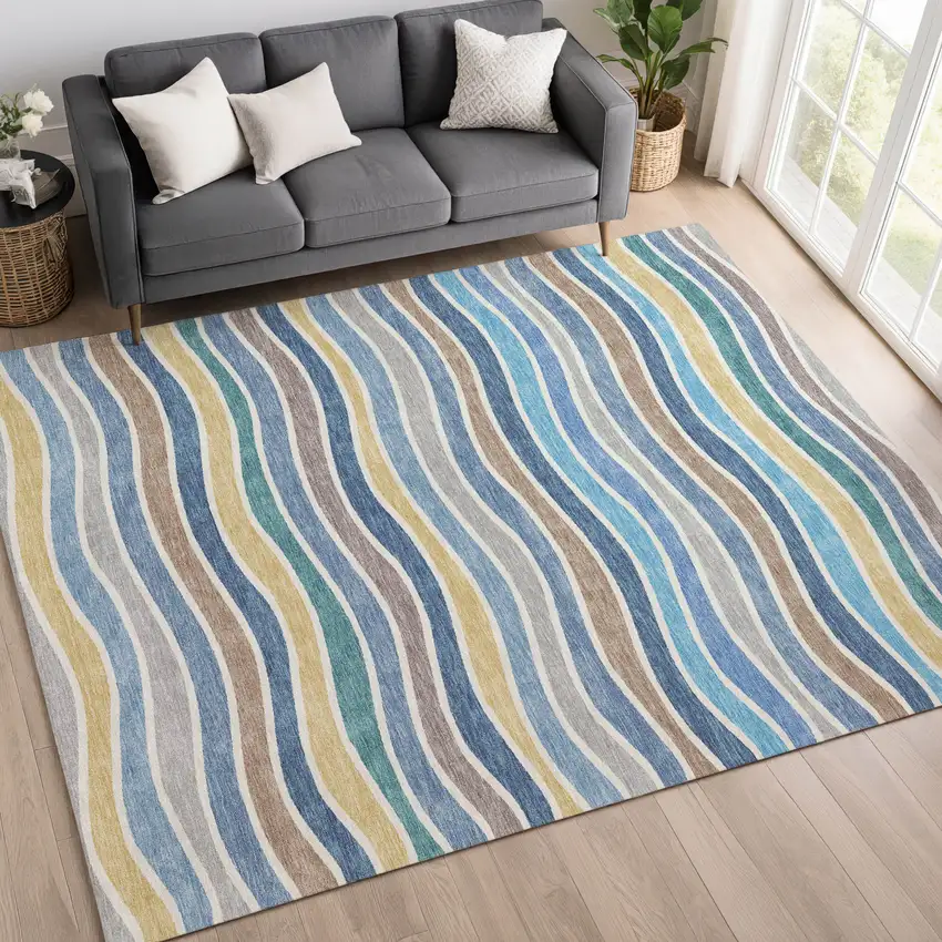 Blue Ivory And Gold Striped Washable Indoor Outdoor Area Rug Photo 9