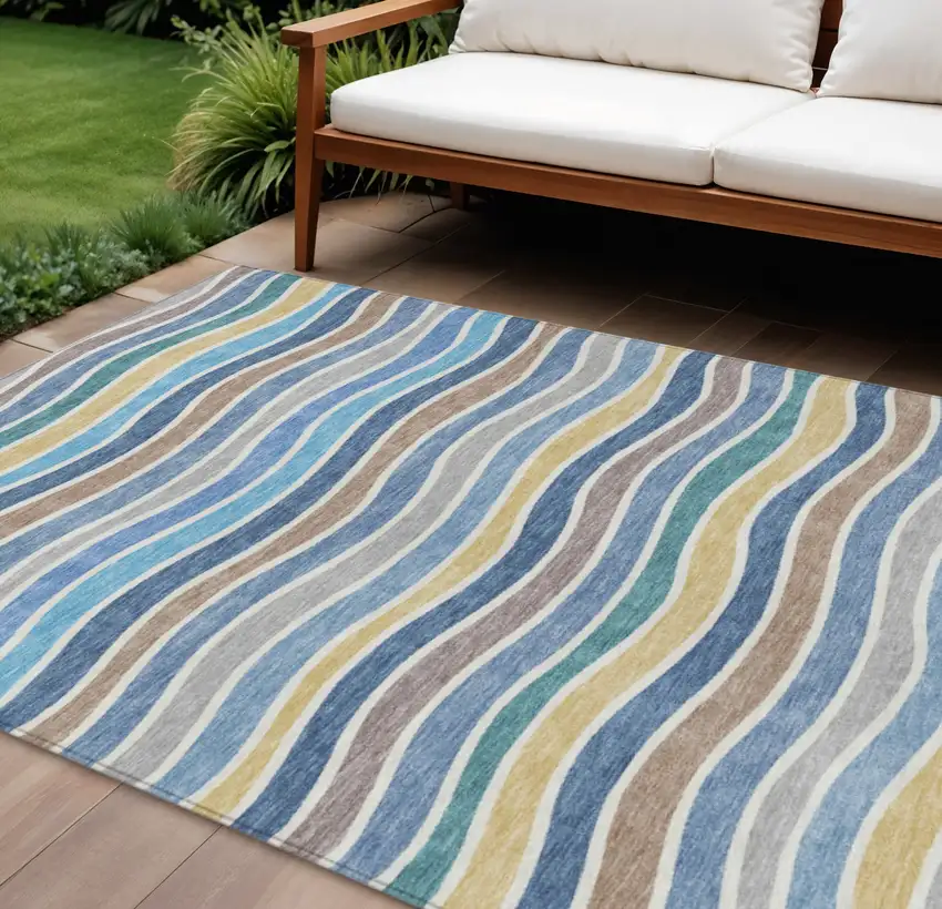 Blue Ivory And Gold Striped Washable Indoor Outdoor Area Rug Photo 1