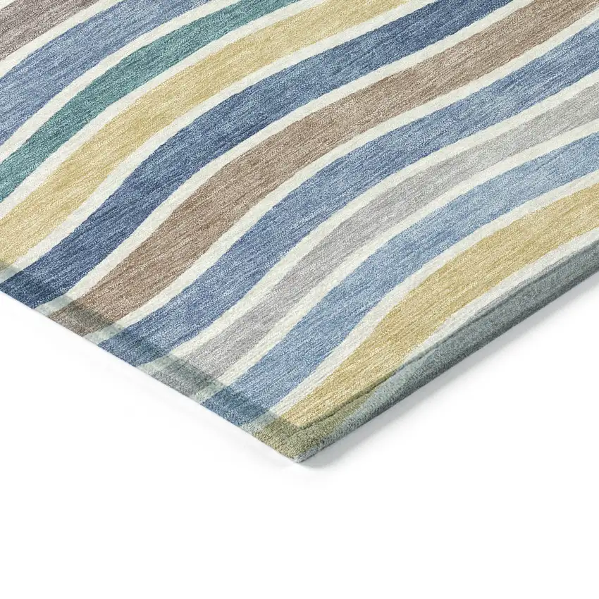 Blue Ivory And Gold Striped Washable Indoor Outdoor Area Rug Photo 5