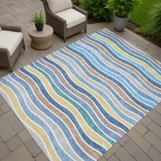 Blue Ivory And Gold Striped Washable Indoor Outdoor Area Rug Photo 7