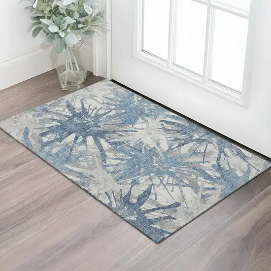 Blue Ivory And Gray Abstract Washable Area Rug With UV Protection Photo 1