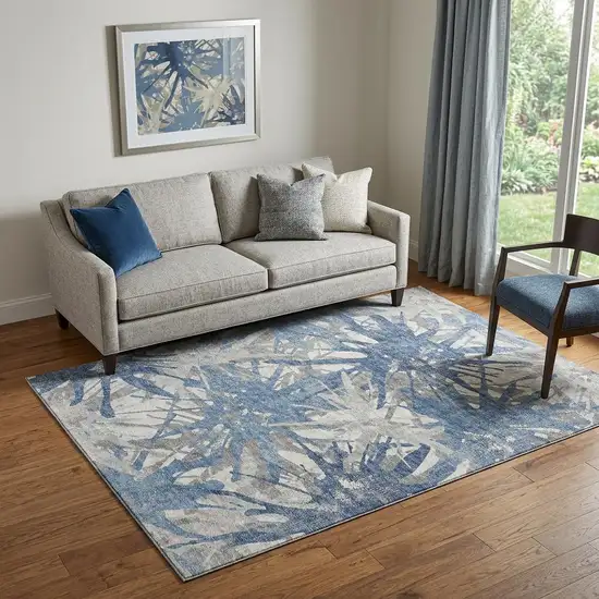 Blue Ivory And Gray Abstract Washable Area Rug With UV Protection Photo 1