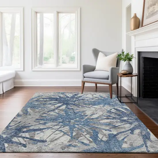 Blue Ivory And Gray Abstract Washable Area Rug With UV Protection Photo 6