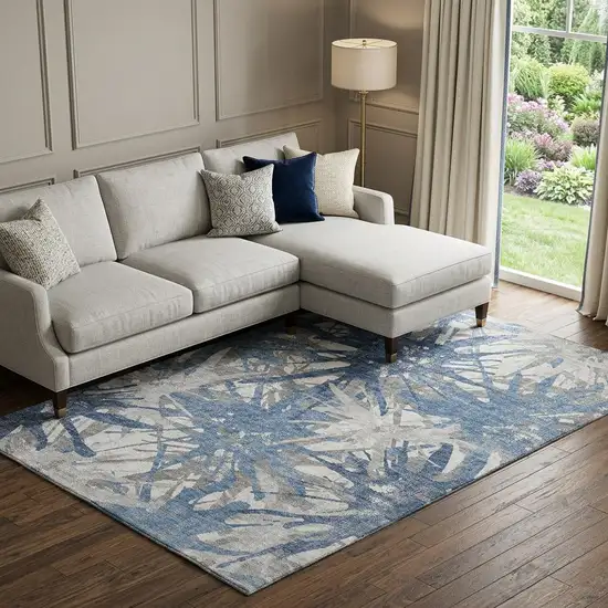 Blue Ivory And Gray Abstract Washable Area Rug With UV Protection Photo 1