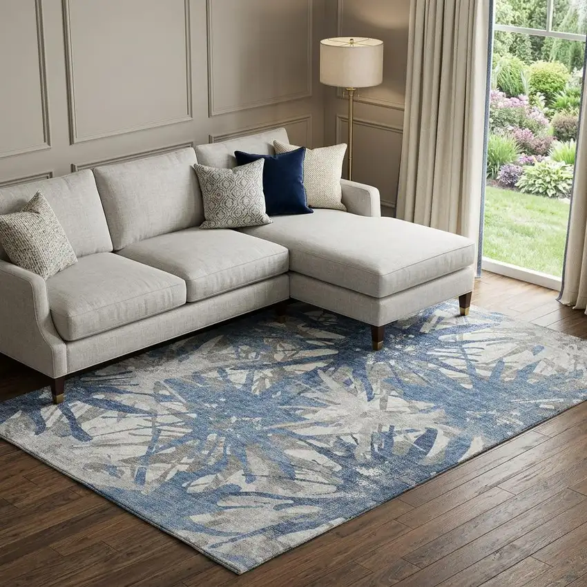 Blue Ivory And Gray Abstract Washable Area Rug With UV Protection Photo 1