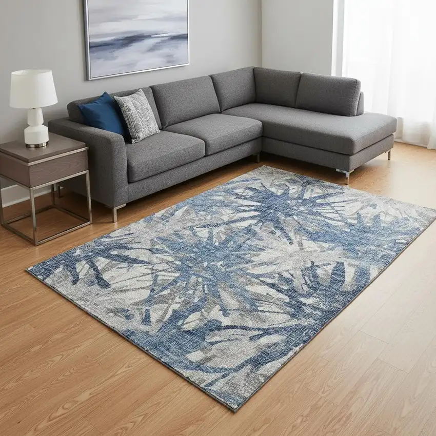Blue Ivory And Gray Abstract Washable Area Rug With UV Protection Photo 1