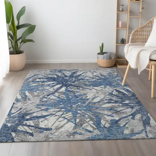 Blue Ivory And Gray Abstract Washable Area Rug With UV Protection Photo 4