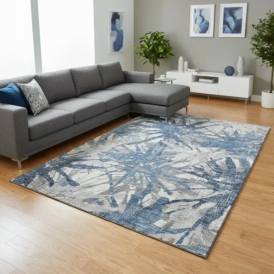 Blue Ivory And Gray Abstract Washable Area Rug With UV Protection Photo 1