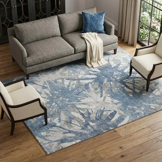 Blue Ivory And Gray Abstract Washable Area Rug With UV Protection Photo 1