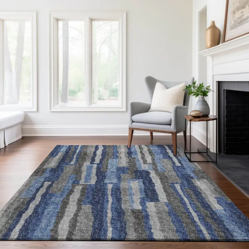 Blue Ivory And Gray Abstract Washable Area Rug With UV Protection Photo 5