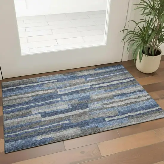 Blue Ivory And Gray Abstract Washable Area Rug With UV Protection Photo 1