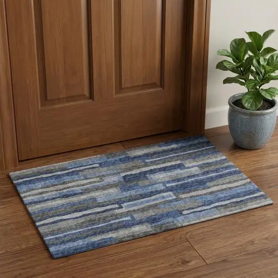 Blue Ivory And Gray Abstract Distressed Washable Area Rug With UV Protection Photo 1
