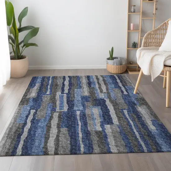 Blue Ivory And Gray Abstract Washable Area Rug With UV Protection Photo 4